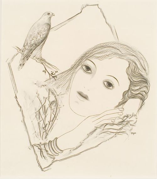 Toyen, untitled frottage - image of a woman and bird