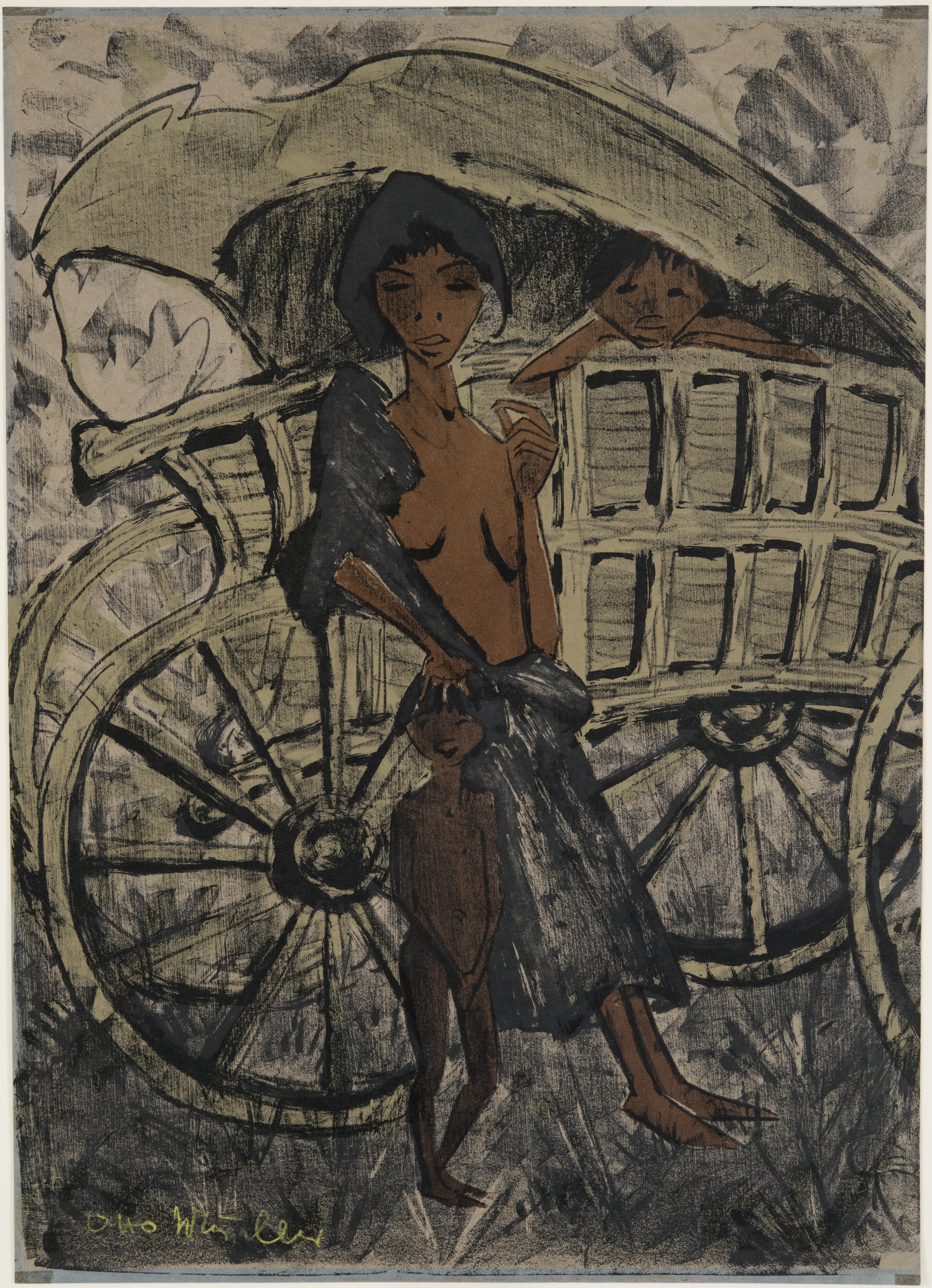 Otto Mueller, Gypsy Woman with Child in front of Covered Wagon, 1926 - 1927