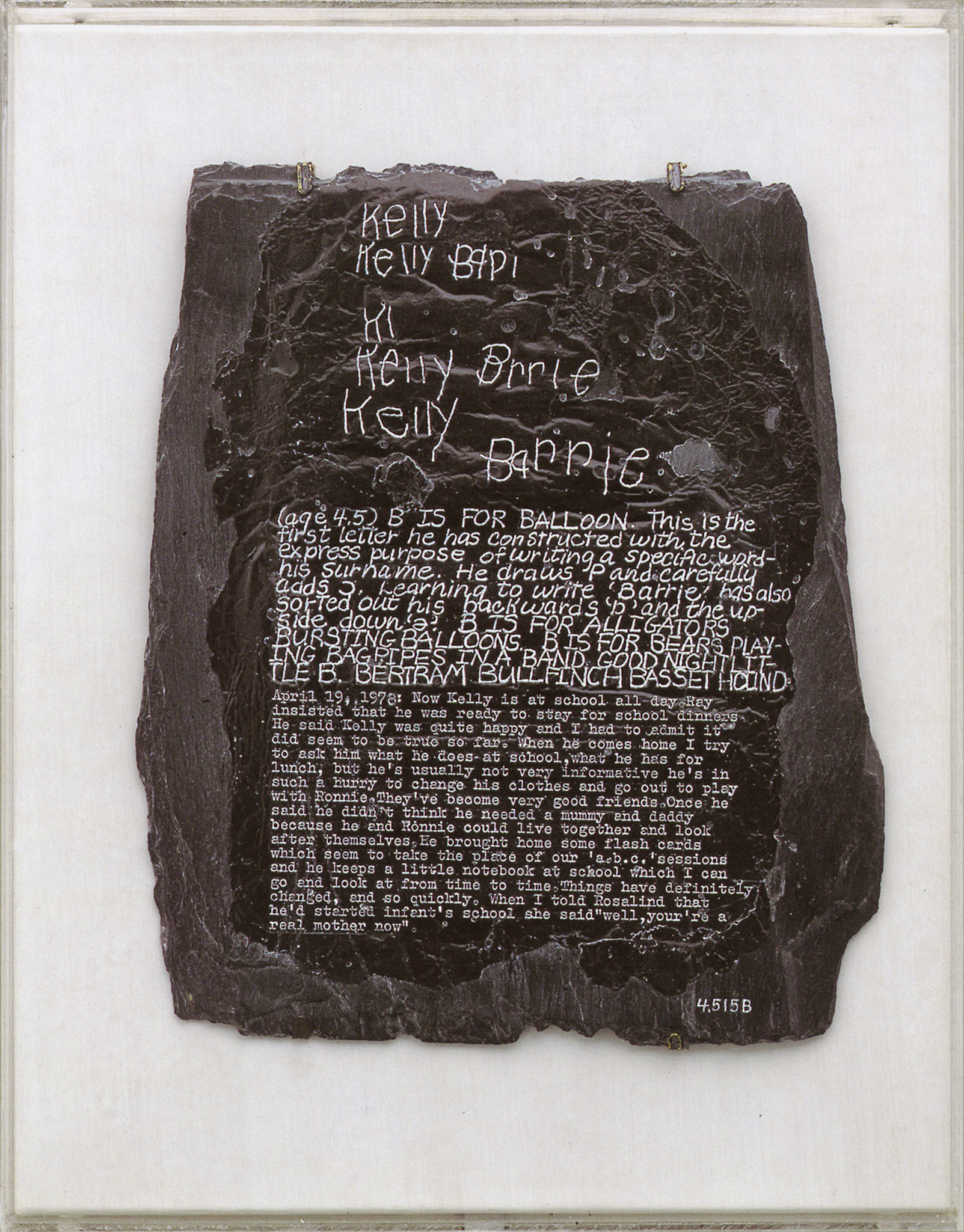 Post-Partum Document: Documentation VI, Pre-writing Alphabet, Exergue and Diary, by Mary Kelly, 1978 (second version, 2010)