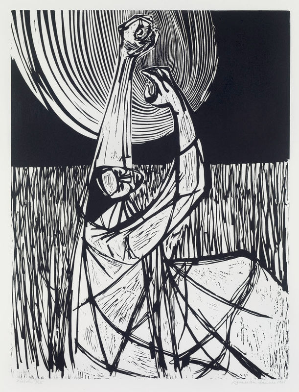 This print shows a man standing in a field, his arms raised strongly in the air, with one hand clenched in a fist. The raised fist has been used as a symbol of solidarity by many leftist groups, including the Black Power movement and the Black Panthers in the 1960s. By depicting this field worker under the massive, overpowering sun, Lewis refers to the plight of slaves and migrant workers.