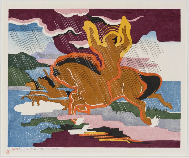 Stanton Macdonald-Wright, Naked in the rain riding a naked horse, 1966-1967