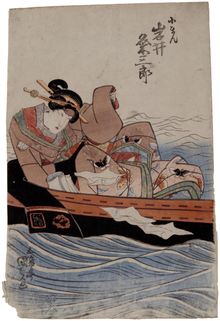 Utagawa Kunisada, The actor Iwai Kumesaburo as the geisha Koman in a boat, 1825-1830