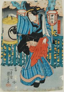 Utagawa Kuniyoshi, Actor as Izumoya Okuni, a geisha holding a lantern, 1848-1851