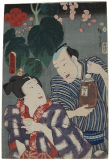 Utagawa Kunisada, Begonia (shukaido). Bando Shuka and another actor sampling rice wine, 1854-1856