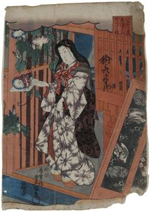 Utagawa Kunisada, Young woman in a doorway holding evening glory flowers on a fan, 1848-1851