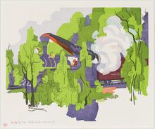 Stanton Macdonald-Wright, A train passes, how the smoke swirls round the young leaves, 1966-1967