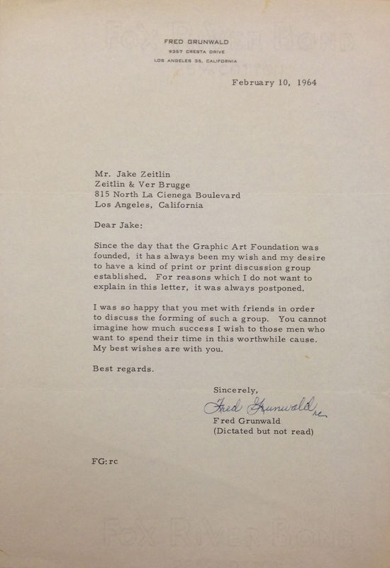 Letter from Fred Grunwald to Jake Zeitlin, February 10, 1964