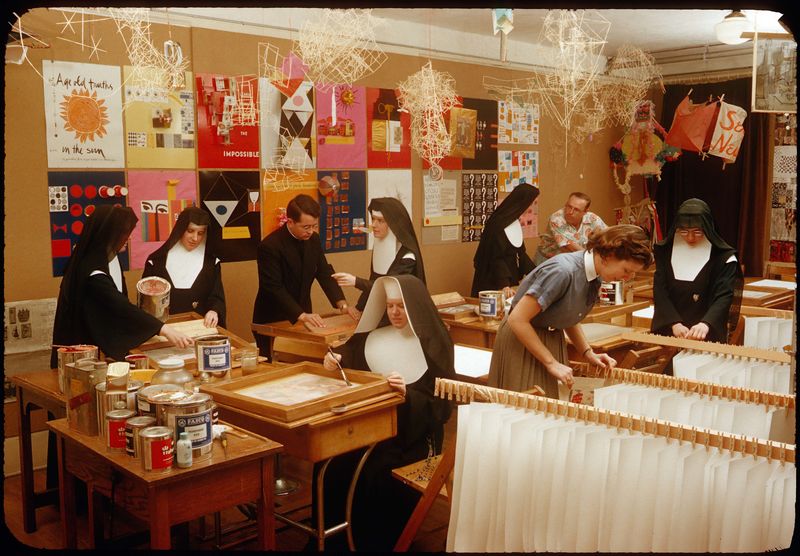 Immaculate Heart College Art Department c. 1955. Photograph by Fred Swartz. Image courtesy of the Corita Art Center, Immaculate Heart Community, Los Angeles.