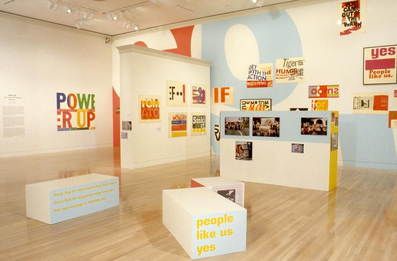Installation view of Power Up: Sister Corita and Donald Moffett, Interlocking at the Hammer Museum, Los Angeles from February 6 – April 2, 2000