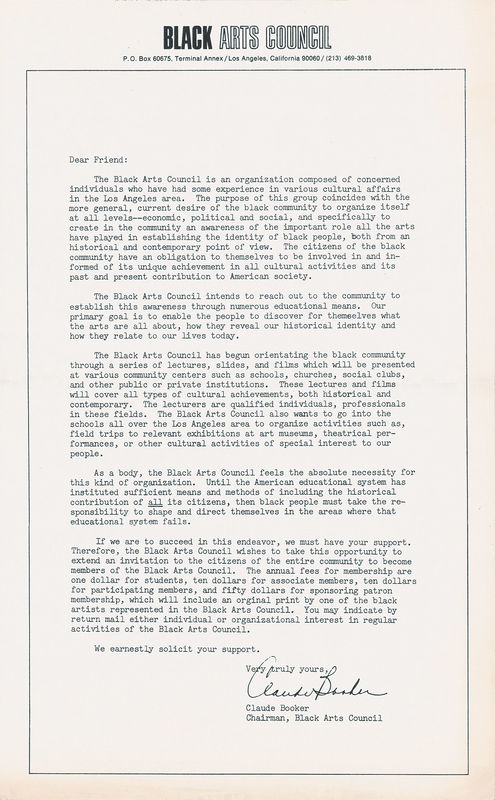 Letter from Claude Booker, chairman of the Black Arts Council, Los Angeles, describing the organization and asking for membership support, 1960s