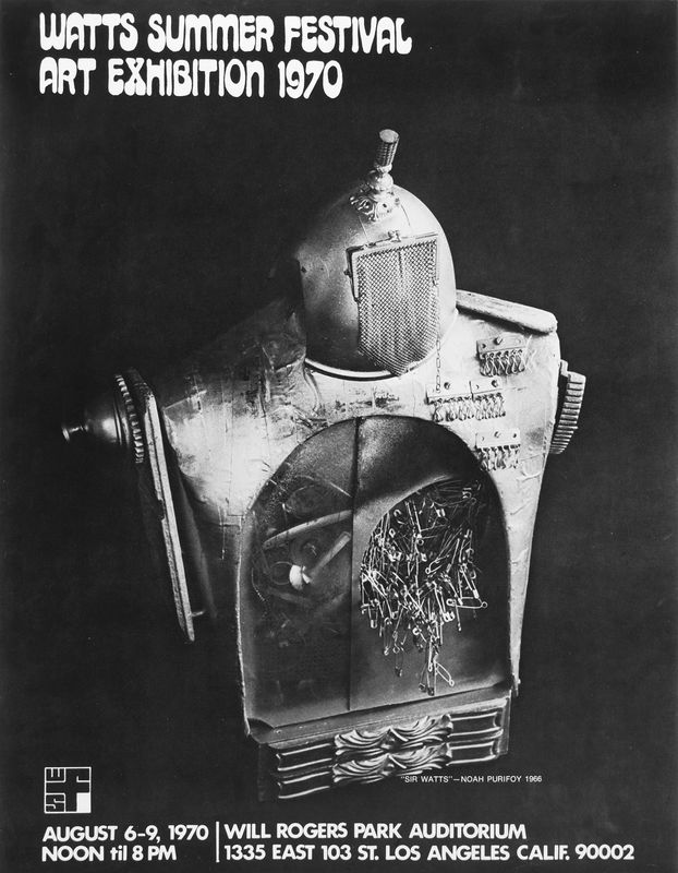 Poster for 1970 Watts Summer Festival, showing Noah Purifoy's "Sir Watts," 1966