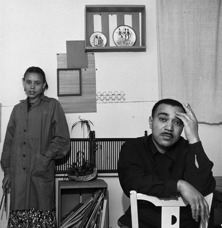 Betye Saar (née Brown) and Curtis Tann in the office space of their decorative arts business Brown and Tann, 1951