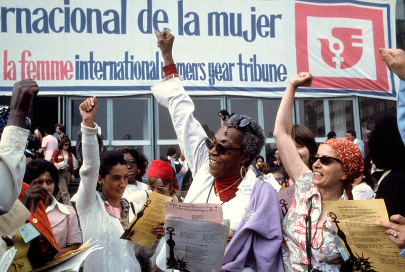 Flo Kennedy of the United States and several other women protest outside the Tribune, a nongovernmental conference that paralleled the official, UN-sponsored women’s conference in Mexico City, June 19, 1975.