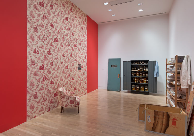 Left wall: Renée Green, "Mise-en-Scene: Commemorative Toile," 1992–94; rear wall: Mark Dion, "The Department of Marine Animal Identification of the City of New York (Chinatown Division)," 1992; right wall: Mark Dion, "N.Y. State Bureau of Tropical Conservation," 1992. Installation view at the Hammer Museum, Los Angeles