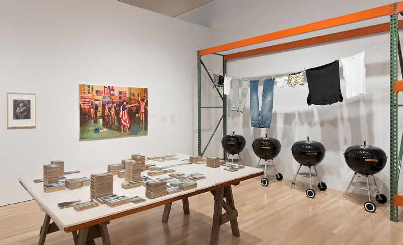 Foreground: Zoe Leonard, "Survey," 2012; left wall, from left to right: one of five prints from Sherrie Levine, "After Edward Curtis: 1–5," 2005, and John Miller, "Untitled," 1986; right wall: Haim Steinbach, "Backyard Story," 1997. Installation view at the Hammer Museum, Los Angeles