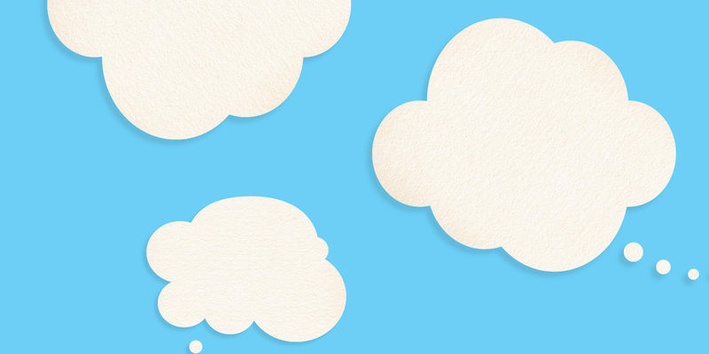 Three white thought bubble clouds on a sky blue background