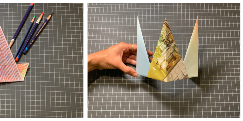 Three side by side photos: left photo showing unfolded paper with pencil and scissors laid on top, middle photo showing a paper folded into a triangle colored with red pencil held by a hand, third photo showing three-pronged folded paper with hand holding from the left side.