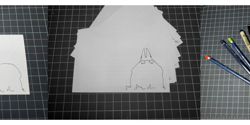 Three images side by side showing the development of a pencil drawing of a fox