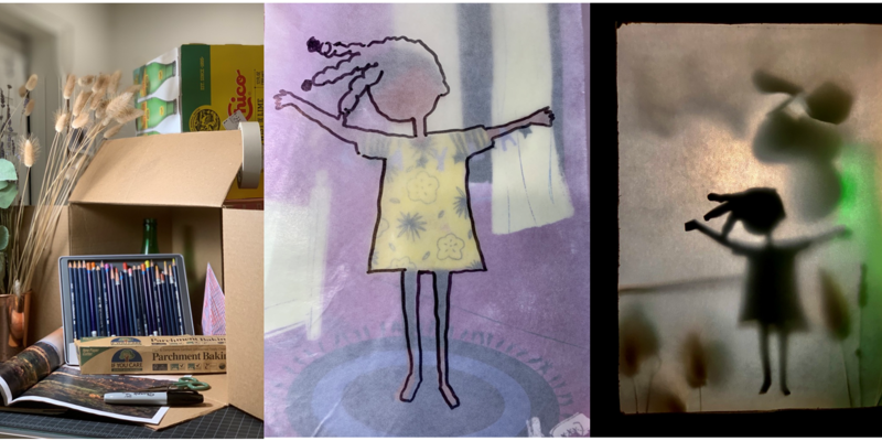 Three images side by side: the first is a cardboard box with colored pencils, the second is an outline drawing of a young girl on a transparent sheet, the third is a shadowbox with the black figure of the girl in the center.