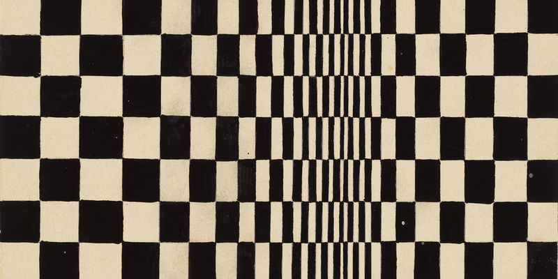 A warped checkerboard patter of black and cream rectangles