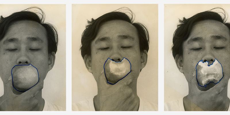 Three photos of a man eating an apple