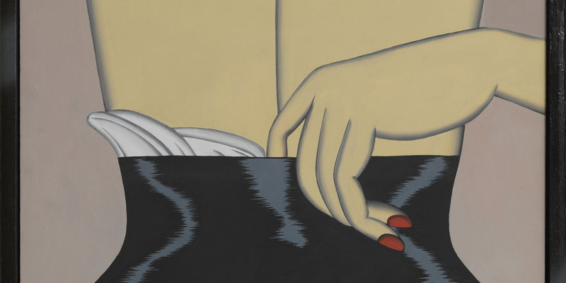 Painting of a woman's back, with a finger reaching into her corset