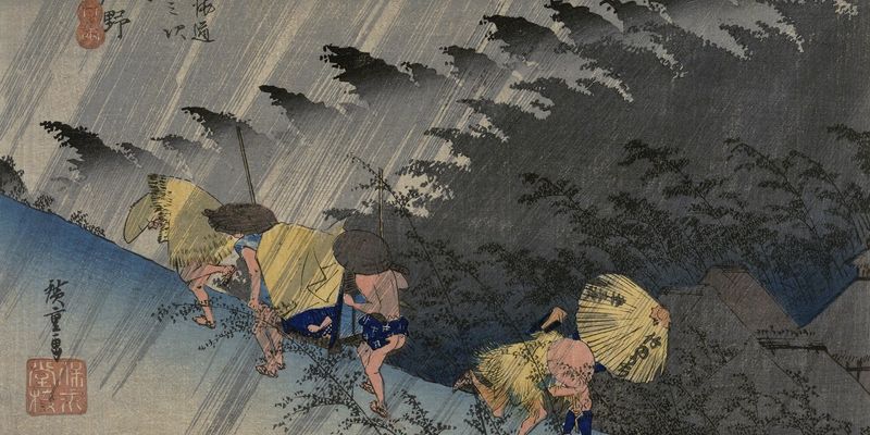 Woodblock print of a line of people holding umbrellas in a rainstorm