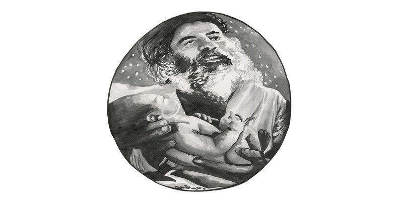 Drawing in a circle of a bearded man holding a baby