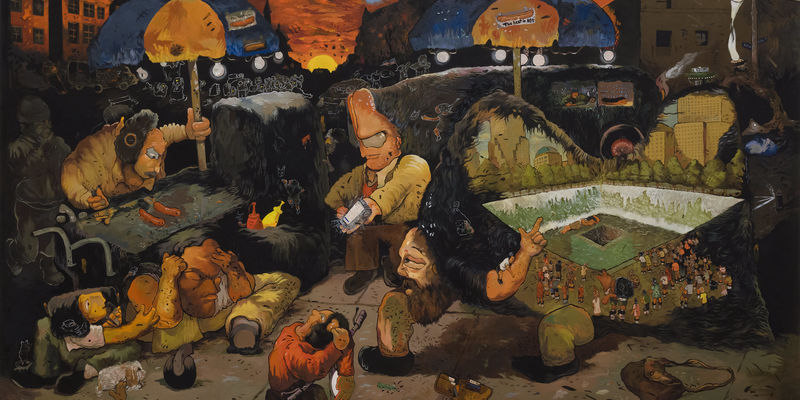 A surreal, sometimes grotesque view of a hot dog cart next to the 9-11 memorial