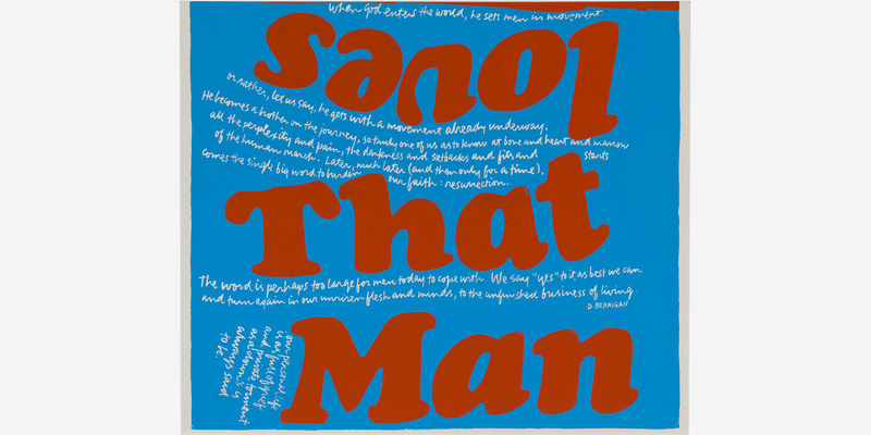 Colorful screenprint with "loves That Man" in bright red on a blue background