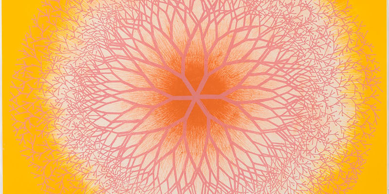 Bright, spirographic image in orange on a tellow background