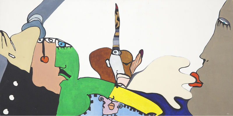 Playful, colorful painting featuring parts of several faces