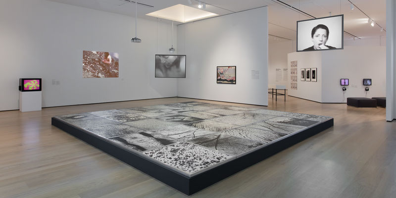 In the Body as Landscape section of the exhibition, the floor is dominated by Epidermic Scapes (1977/1982), an installation by Vera Chaves Barcellos composed of large scale photographs showing details of the body. Projected on the left wall is Ana Mendiata’s Corazón de Roca con Sangre (Rock Heart with Blood) (1975), in which she takes a heart-shaped rock and covers it in blood, laying it in one of her “Siluetas” sculptures before placing her naked body over it.