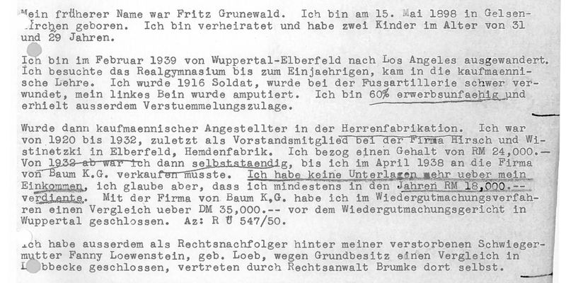 Affidavit signed by Fred Grunwald in connection with his compensation claims, November 14, 1955. Bezirksregierung Düsseldorf, Dezernat 15
