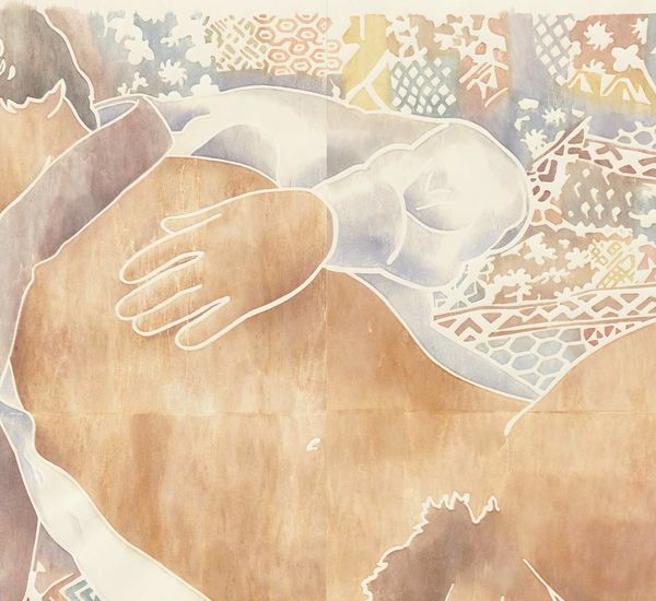 A woodcut of a naked man reclining