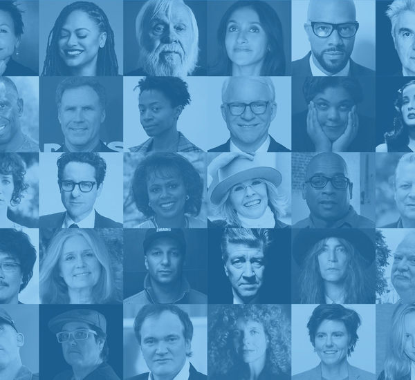 A square grid of 18 portraits in two-tones blue and white. Portraits are of varied adults of various ages and genders. 