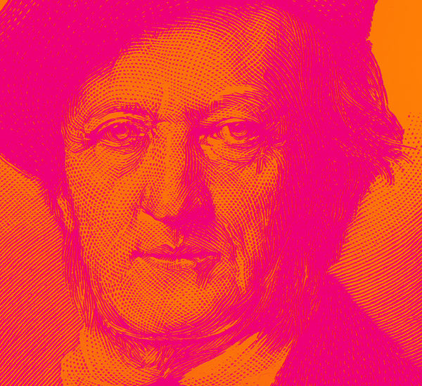 A bright stylized portrait of composer Richard Wagner