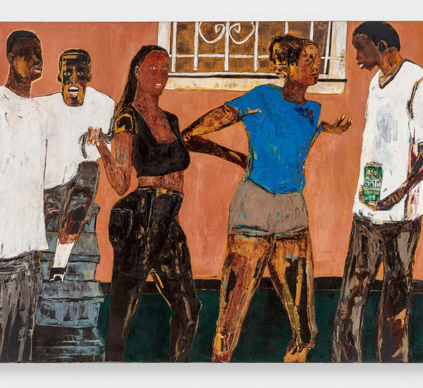 A colorful painting of five figures in front of a building