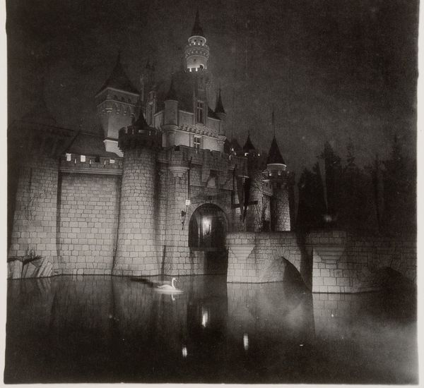 Fuzzy black and white photo of a grand castle