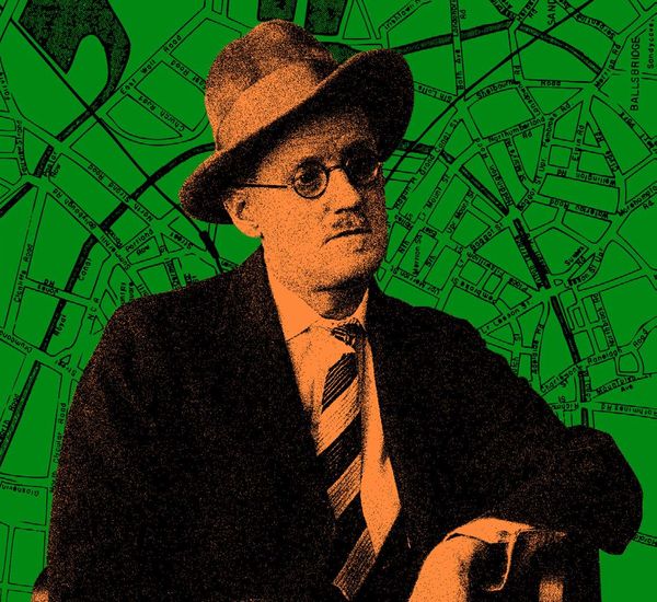 Photo illustration with James Joyce tinted orange with a green map of Dublin in the background