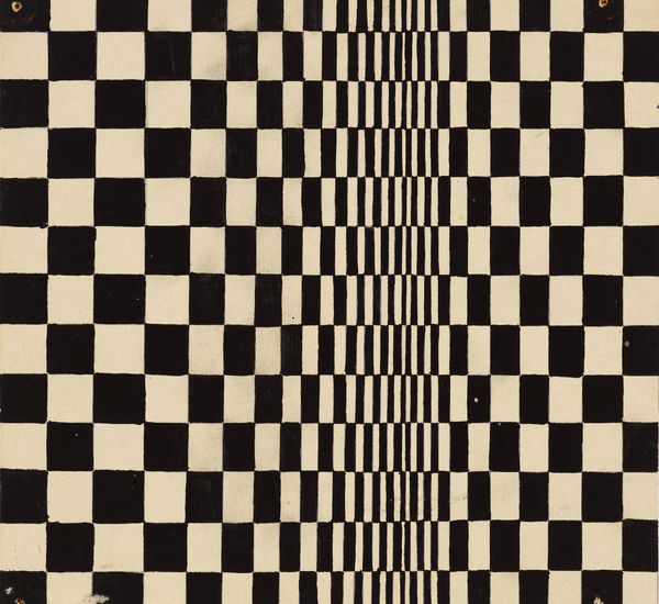 A warped checkerboard patter of black and cream rectangles