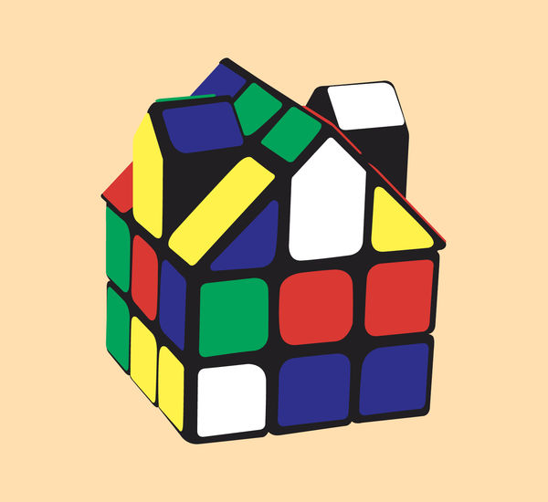 Graphic of a Rubik's Cube in the shape of a house