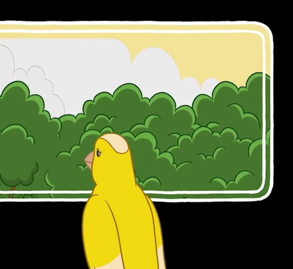Three channel video installation showing an animated yellow bird looking out the window of a train