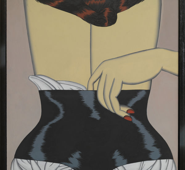 Painting of a woman's back, with a finger reaching into her corset