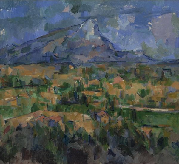 Impressionistic painting of a village at the foot of a large mountain