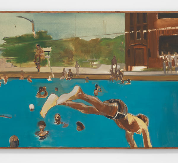 Painting of a pool, with a figure in the foreground diving in