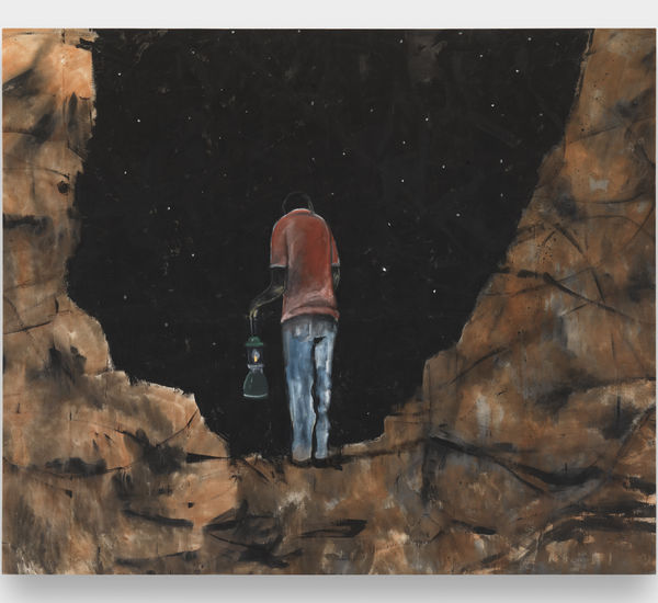Painting of a Black man holding a lantern viewed from behind, in front of a starry sky