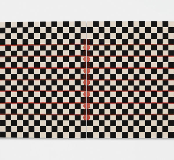 Black and white checkered image featuring red lines running through the pattern.