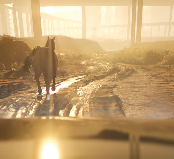 A horse running through an industrial landscape under bright sunlight