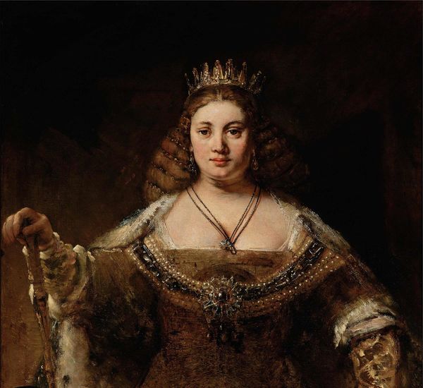 Woman in royal garb on black background